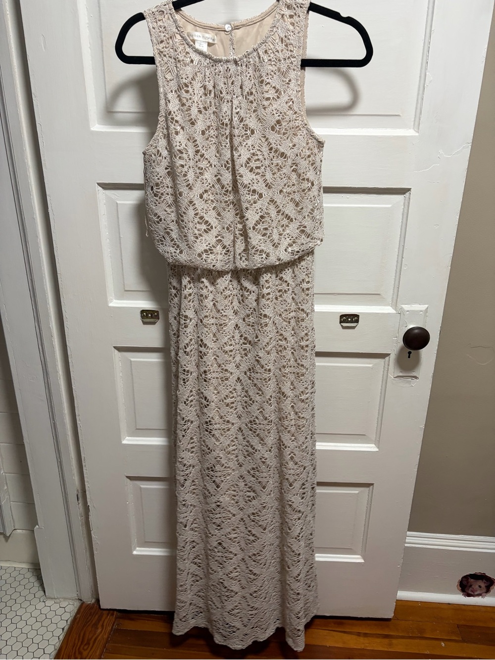 London Times Lace Overlay Maxi Dress in Beige